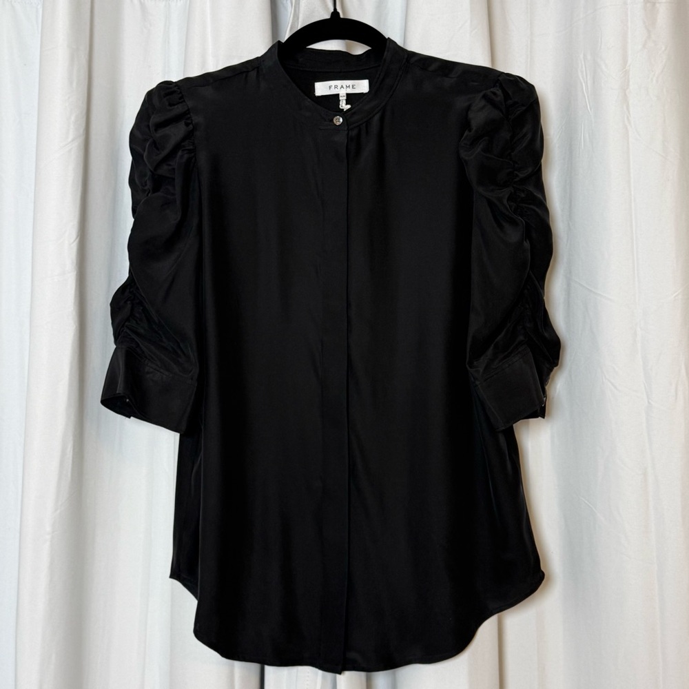 Frame Denim Black Puff Sleeve Silk Blouse